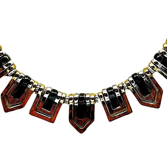 Vintage Geometric Necklace With Black Accents & Gold Tone Chain.  B37 - Picture 3 of 8